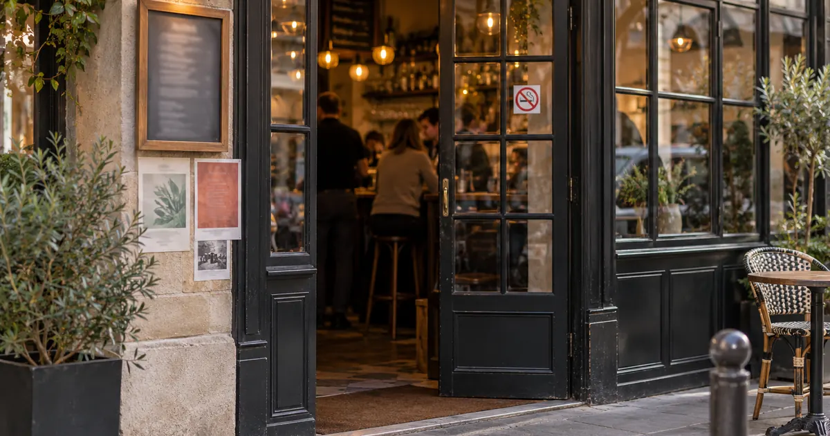 L'entrée d'un bar et ses affichettes