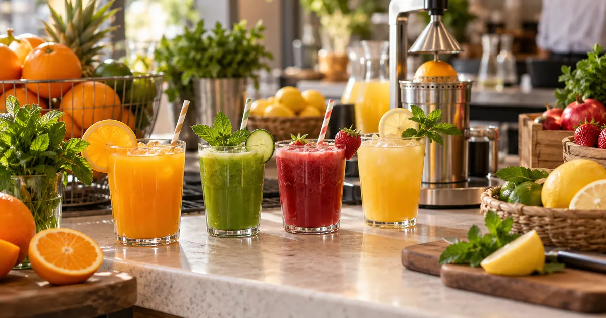 Jus frais et cocktails sans alcool sur un comptoir