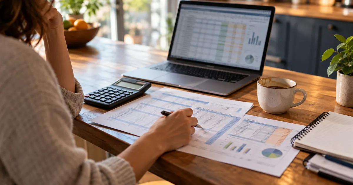 Un budget préparé sur une table, avec calculatrice et ordinateur