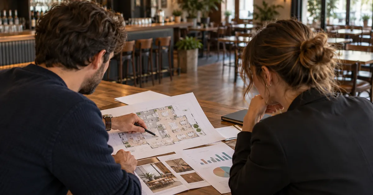Deux associés étudient un plan et des graphiques