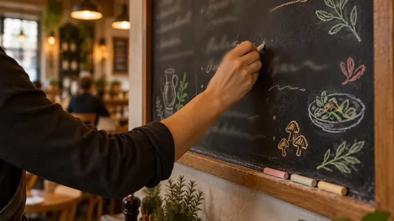 Un tableau noir dessiné à la craie dans un café