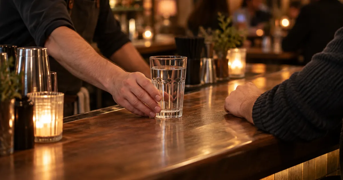 Un barman sert un verre d'eau à un client