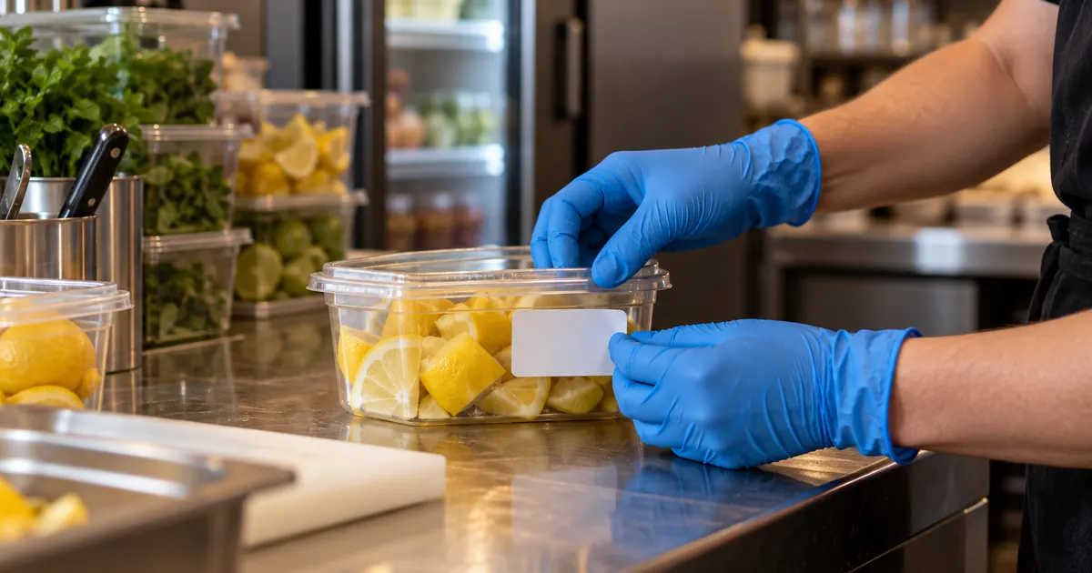 Étiquetage des préparations dans l'arrière-cuisine d'un bar