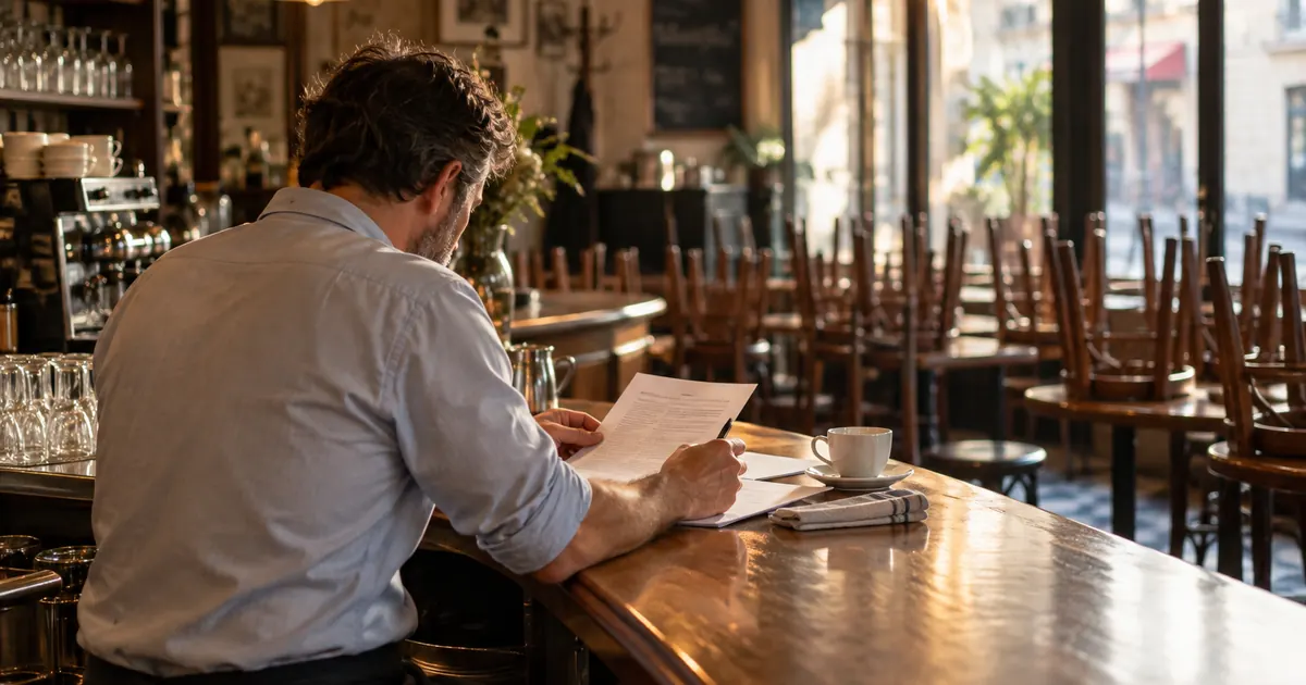 Un exploitant relit un document à son comptoir