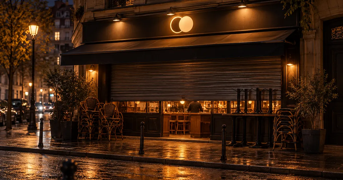Un bar fermé la nuit, rideau à moitié baissé