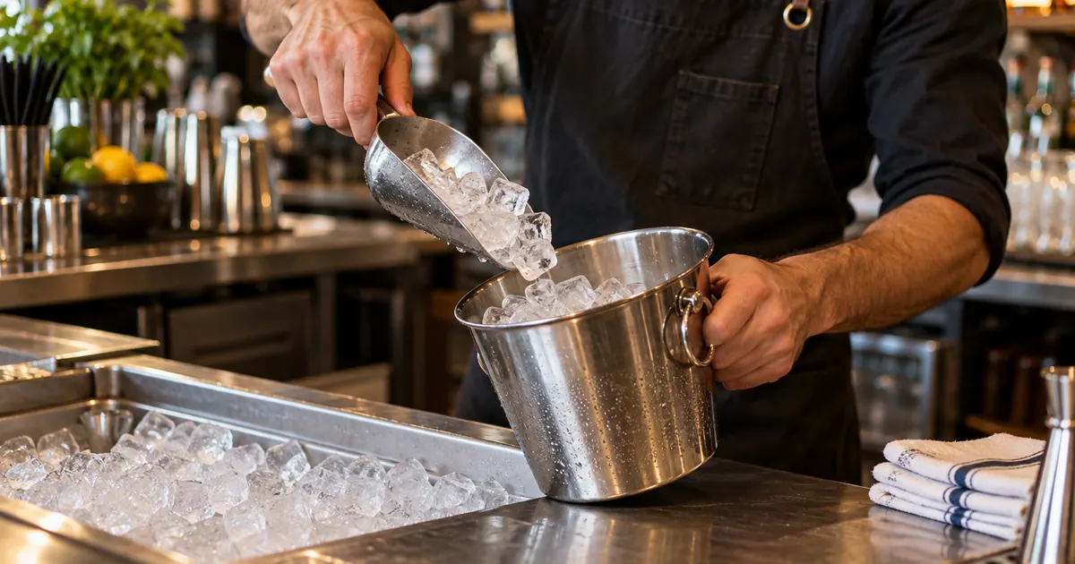 Un barman remplit un seau à glace avec une pelle