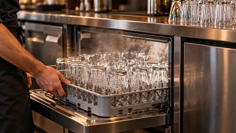 Un lave-verres ouvert sous le comptoir