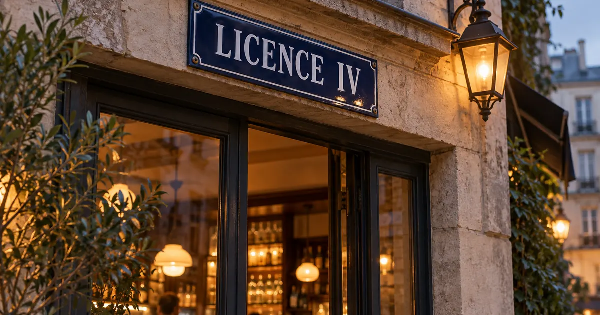Plaque « Licence IV » au-dessus de l'entrée d'un bar