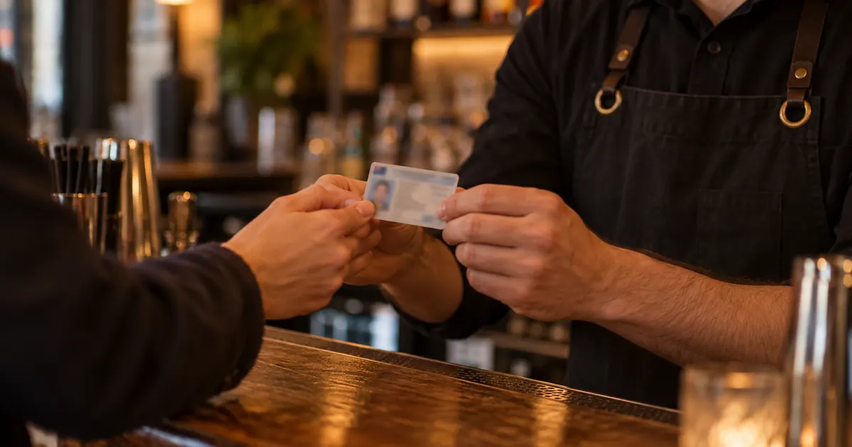 Un barman vérifie une pièce d'identité