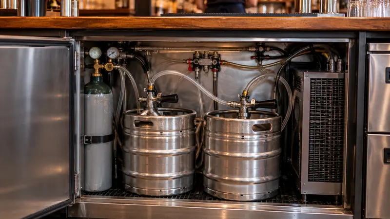 Fûts et tuyaux d'une tireuse sous le comptoir
